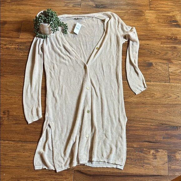 NWT LOFT Beige Striped Button-Down Cardigan - Picture 1 of 10